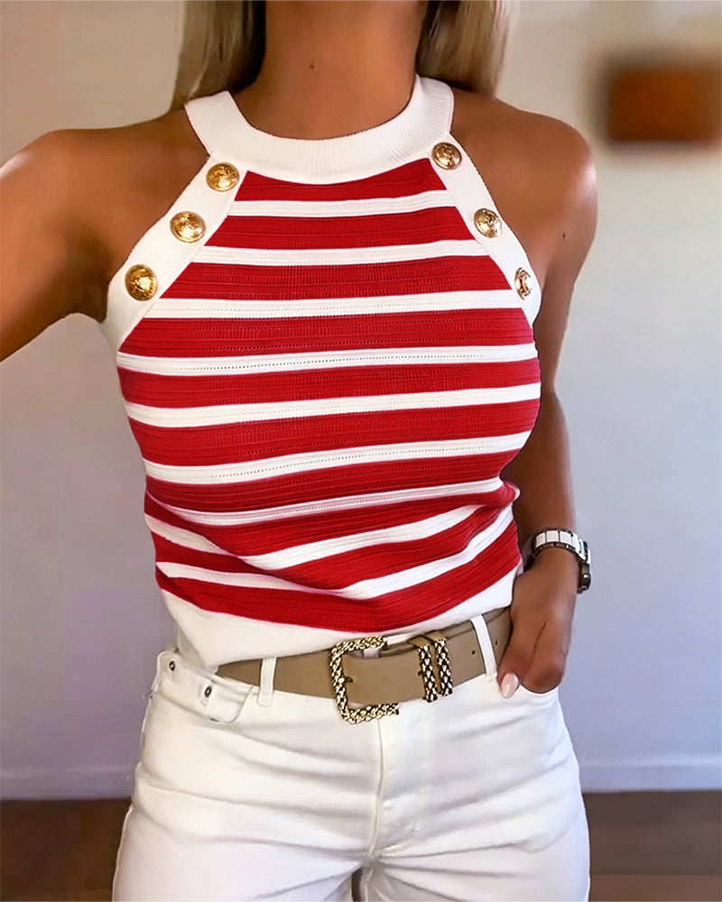 Striped Halter Sleeveless Tank Causal Golden Button Decor Breathable Knit Top