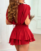 Women's Backless Ruffle Hem Skorts Romper Elegant Tie Back Shirred Pleated Jumpsuit