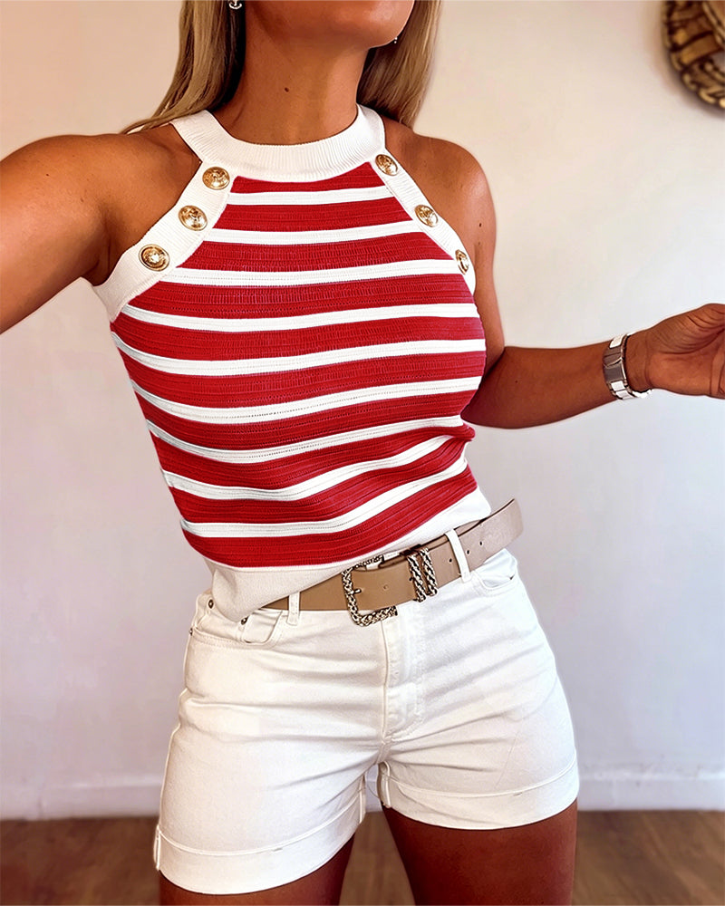 Striped Halter Sleeveless Tank Causal Golden Button Decor Breathable Knit Top