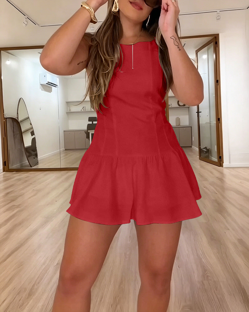 Women's Sleeveless Backless Tie Back Romper Sweet Ruffled Mini Dress Casual Summer Beach Skorts Romper