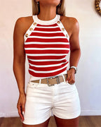Striped Halter Sleeveless Tank Causal Golden Button Decor Breathable Knit Top