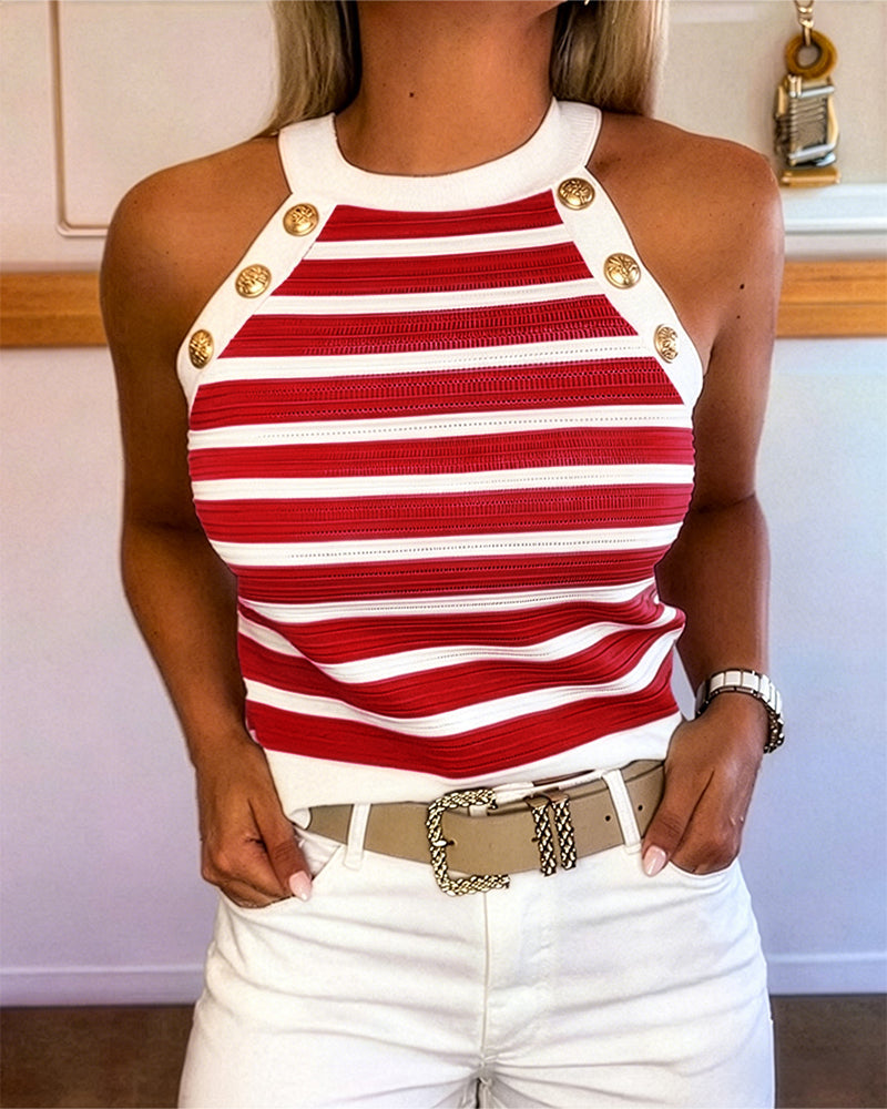 Striped Halter Sleeveless Tank Causal Golden Button Decor Breathable Knit Top