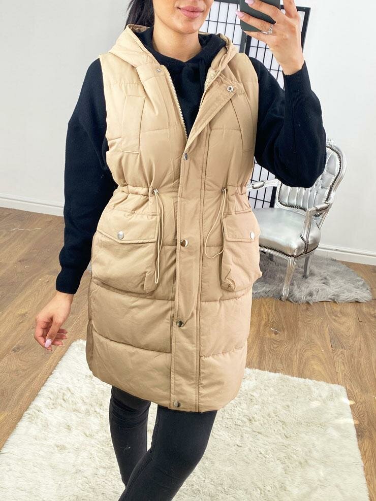 Rachel Padded Pocket Detailed Hooded Long Gilet
