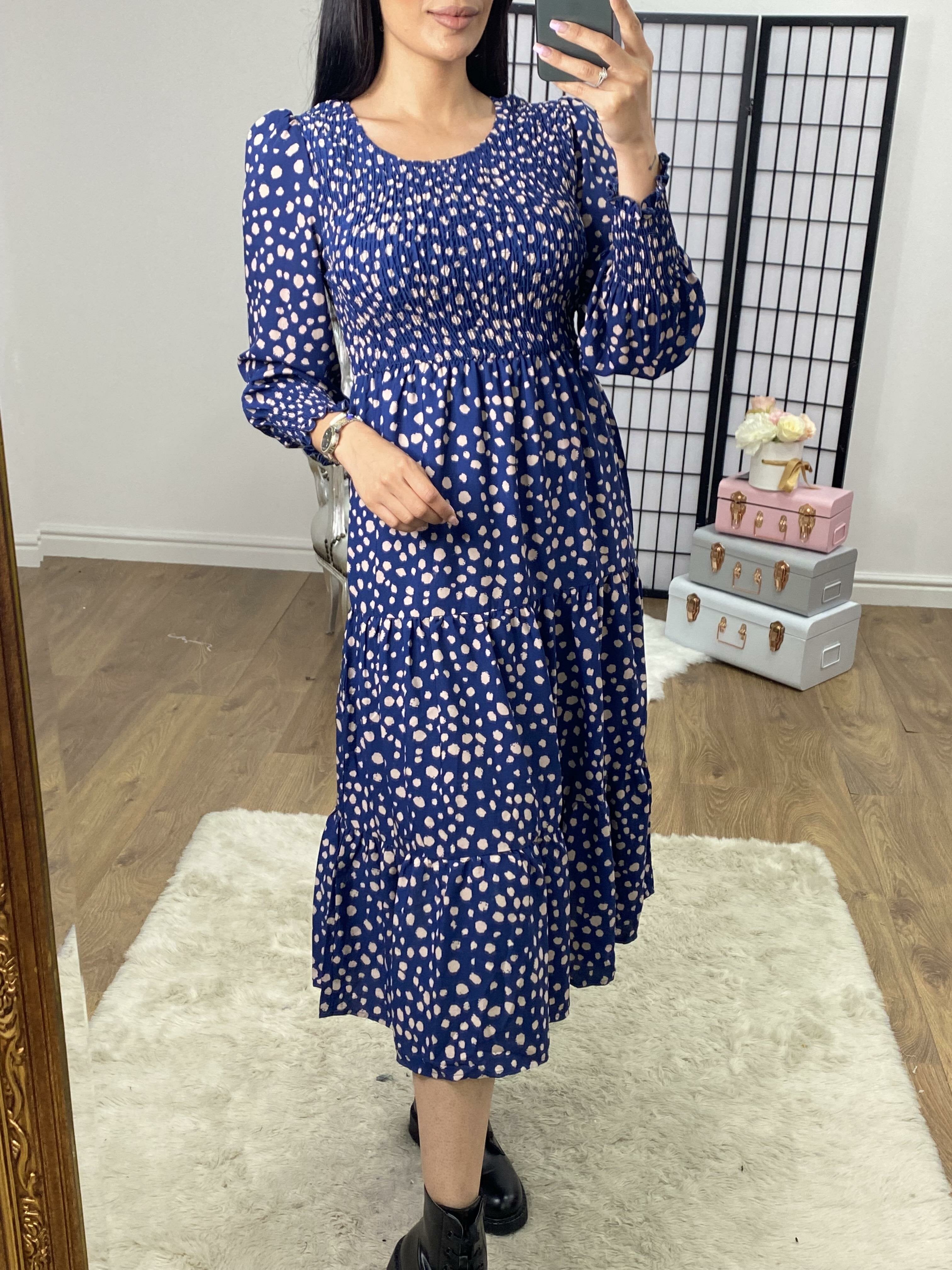 Renace Blue Polka Dot Elasticated Tiered Midi Dress