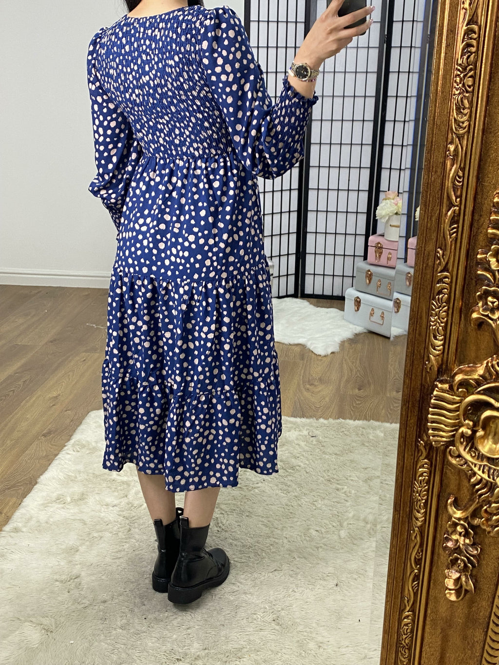Renace Blue Polka Dot Elasticated Tiered Midi Dress