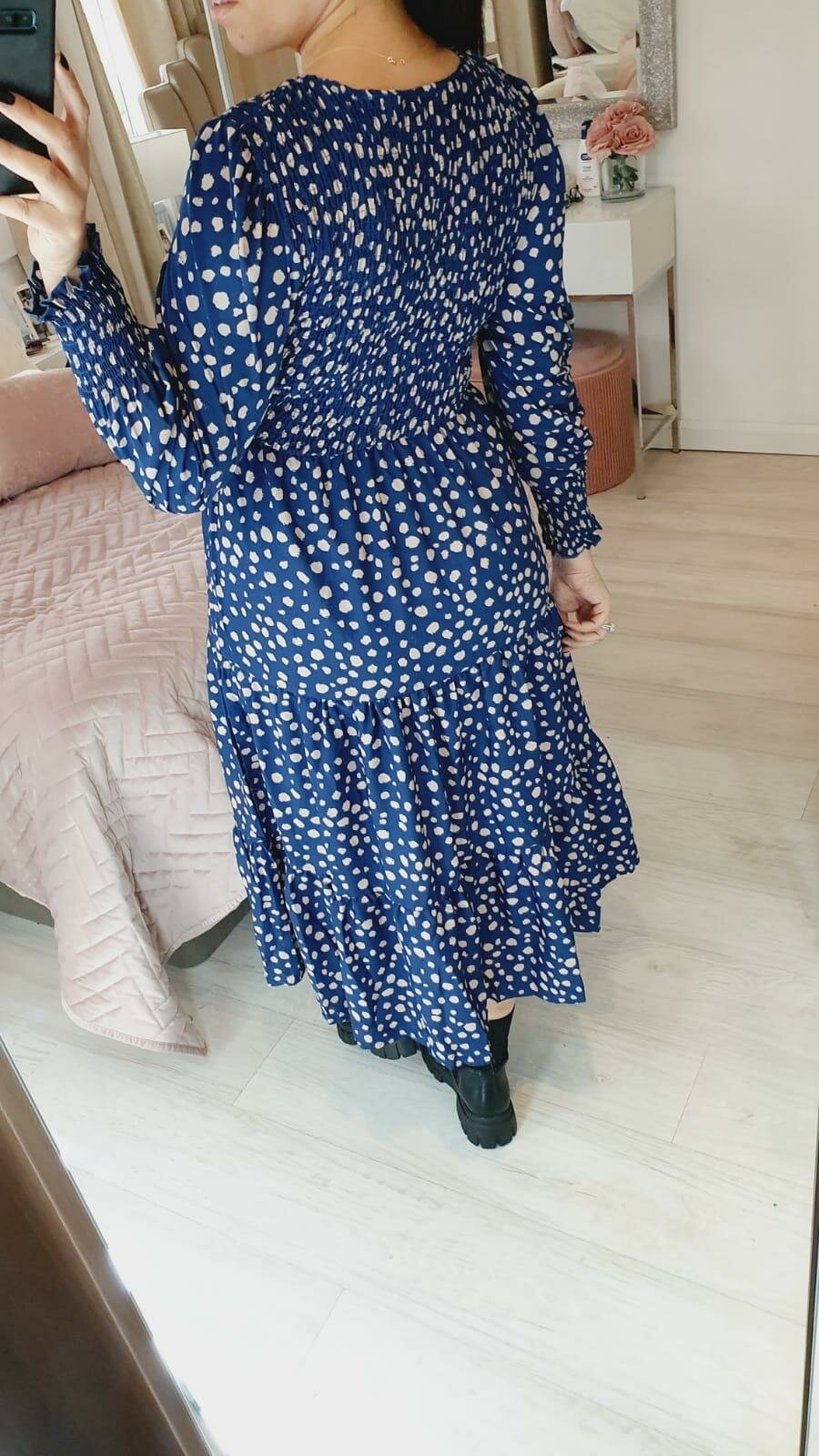 Renace Blue Polka Dot Elasticated Tiered Midi Dress