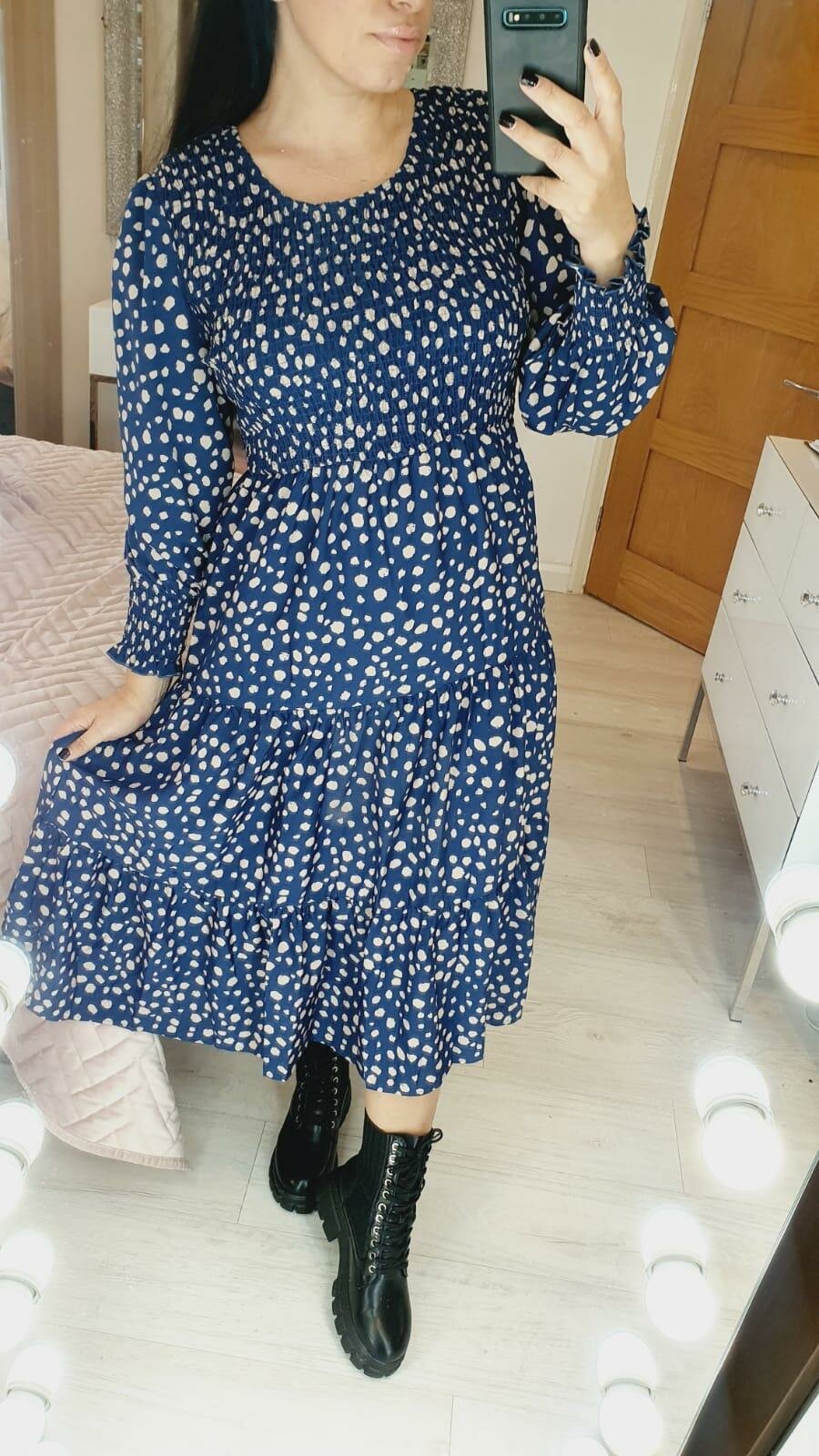 Renace Blue Polka Dot Elasticated Tiered Midi Dress