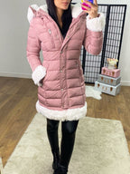 Roberta Pink Padded White Faux Fur Hooded Coat