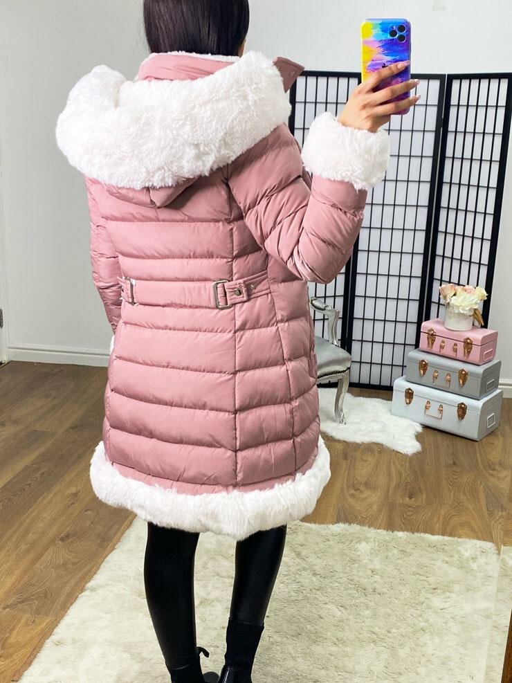Roberta Pink Padded White Faux Fur Hooded Coat