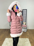 Roberta Pink Padded White Faux Fur Hooded Coat