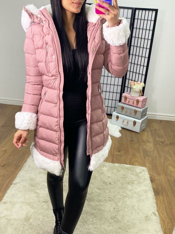 Roberta Pink Padded White Faux Fur Hooded Coat
