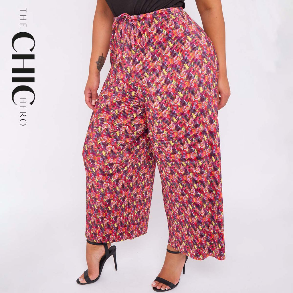 Red Abstract Wide-Leg Drawstring Palazzo Pleated Pants