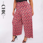 Red Abstract Wide-Leg Drawstring Palazzo Pleated Pants