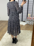 Sunita Black White Floral Print Elasticated Tiered Midi Dress