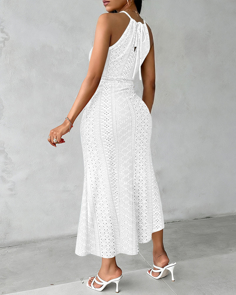Adjustable Halter Hollow-out Back Ruched Front Slit Dress Guipure Lace Yoke Eyelet Embroidery Vacation Dress