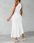 Adjustable Halter Hollow-out Back Ruched Front Slit Dress Guipure Lace Yoke Eyelet Embroidery Vacation Dress