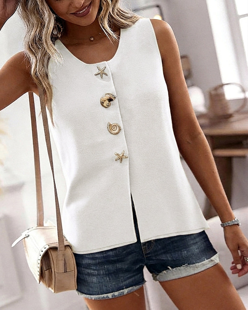 Women's Knit Tank Top Starfish Shell Gold Button Sleeveless Vest Beach Vacation Casual Top