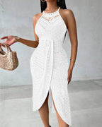 Adjustable Halter Hollow-out Back Ruched Front Slit Dress Guipure Lace Yoke Eyelet Embroidery Vacation Dress