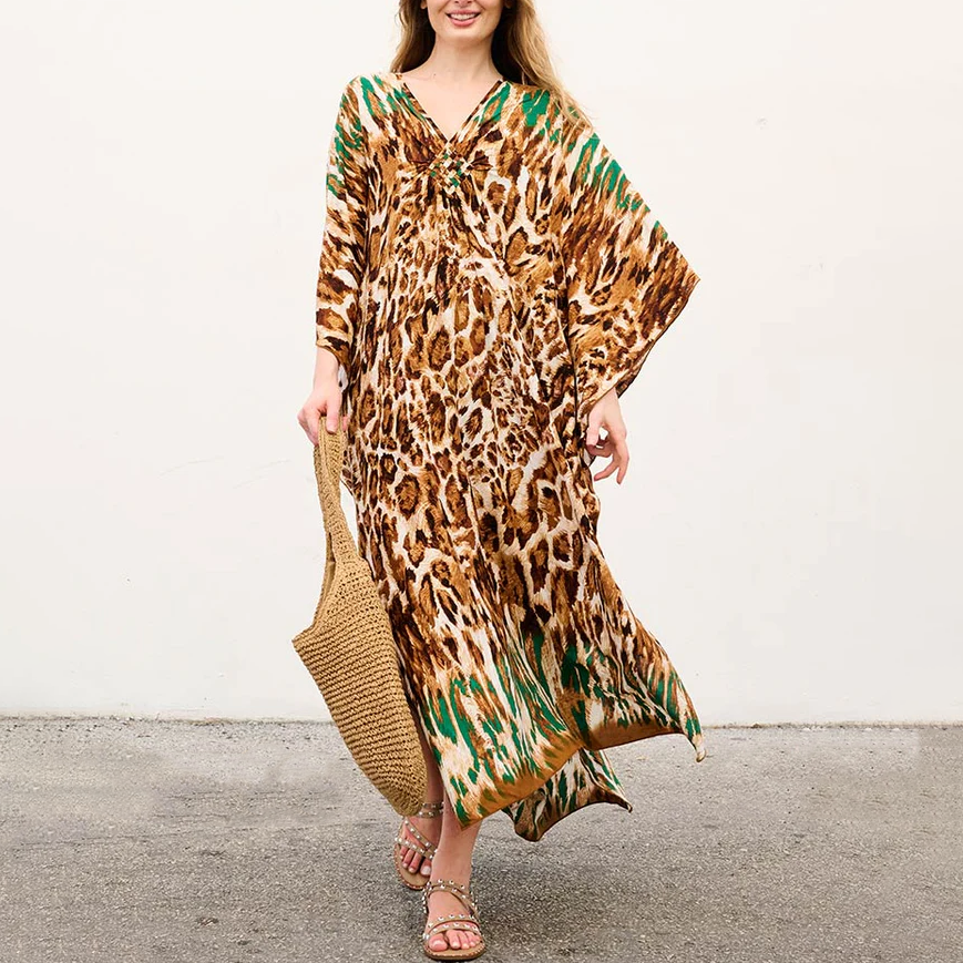 Plus Size V-Neck Batwing Sleeves Floral Print Caftan Kaftan Dress