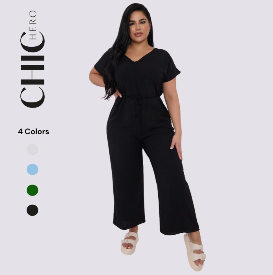 Plus Size V-neck Short-Sleeved Waist Drawstring Solid Color Jumpsuit
