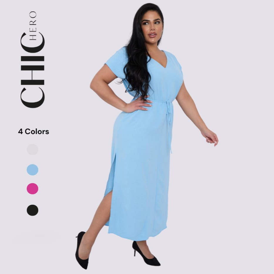 Plus size V-neck Short Sleeve Waist Drawstring Solid Color Dress