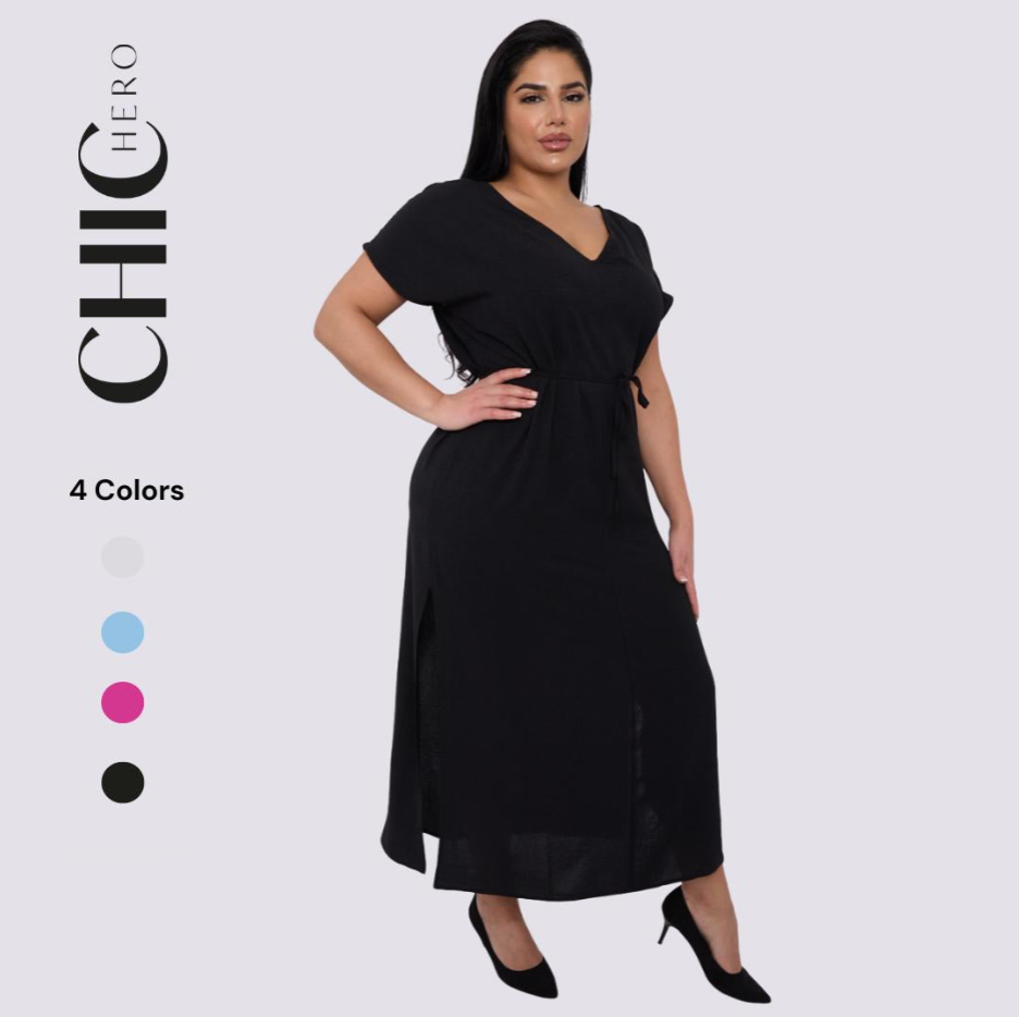 Plus size V-neck Short Sleeve Waist Drawstring Solid Color Dress