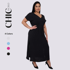 Plus size V-neck Short Sleeve Waist Drawstring Solid Color Dress