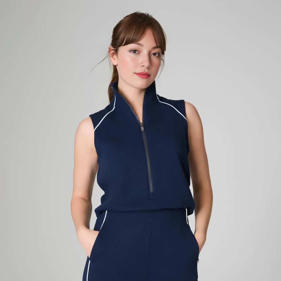 Pique Sleeveless Mockneck Jumpsuit