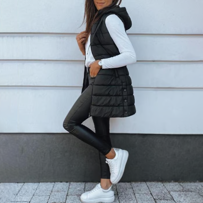 Women Solid Color Sleeveless Hooded Long Puffer Vest