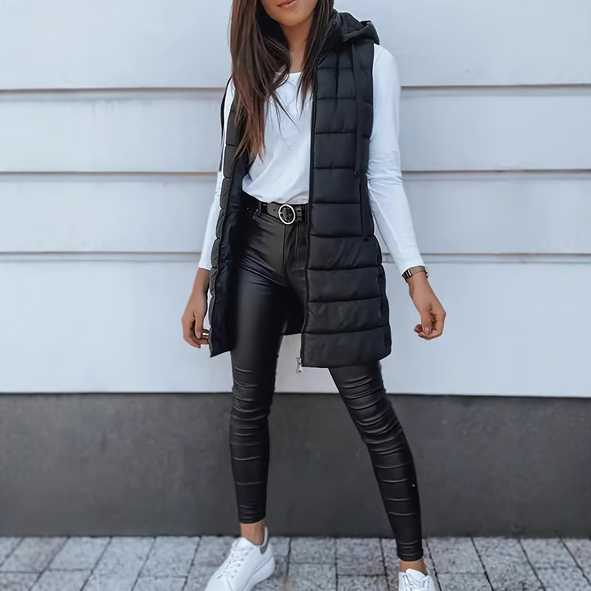 Women Solid Color Sleeveless Hooded Long Puffer Vest