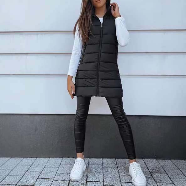 Women Solid Color Sleeveless Hooded Long Puffer Vest