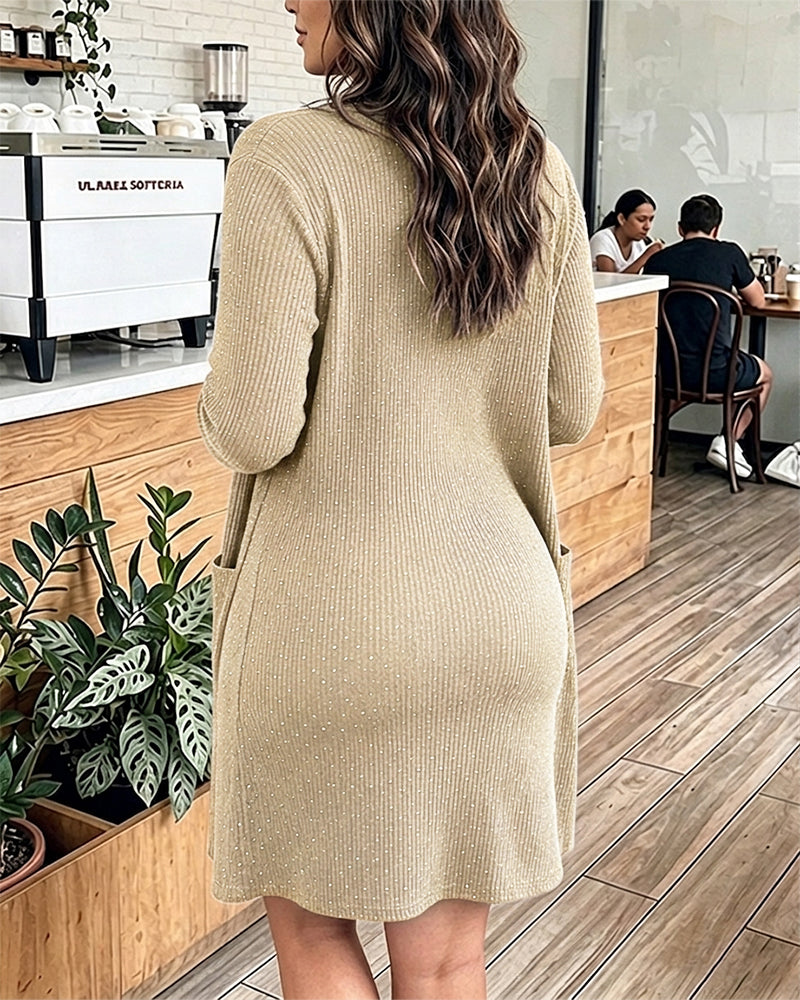 2 Pieces Outfit U-Neck Half Button Front Slim Fit Mini Tank Dress and Long Sleeve Pockets Design Cardigan Casual Rhinestone Decor Textured Set