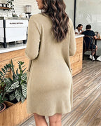2 Pieces Outfit U-Neck Half Button Front Slim Fit Mini Tank Dress and Long Sleeve Pockets Design Cardigan Casual Rhinestone Decor Textured Set